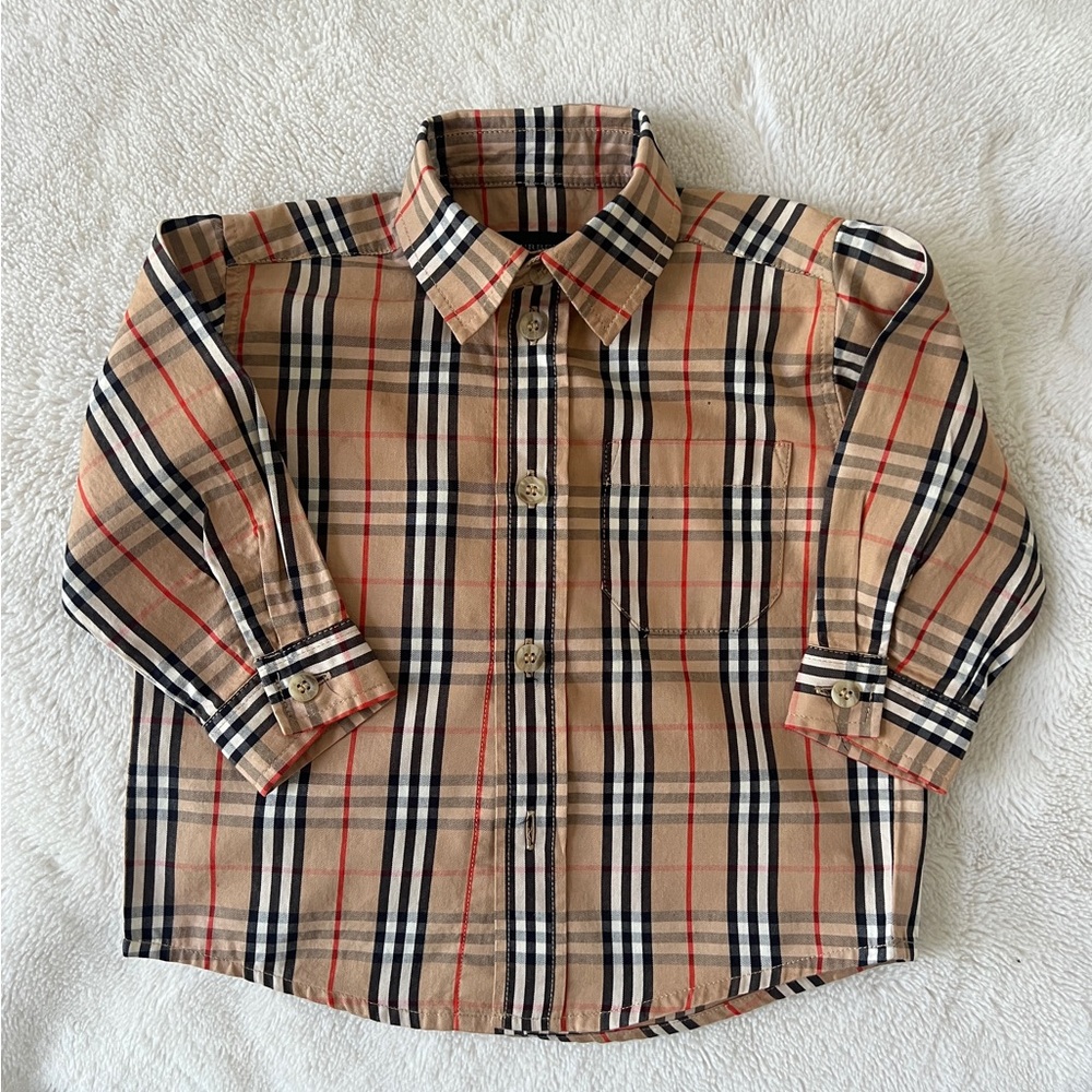Burberry Tan and Black Plaid Button Down Shirt